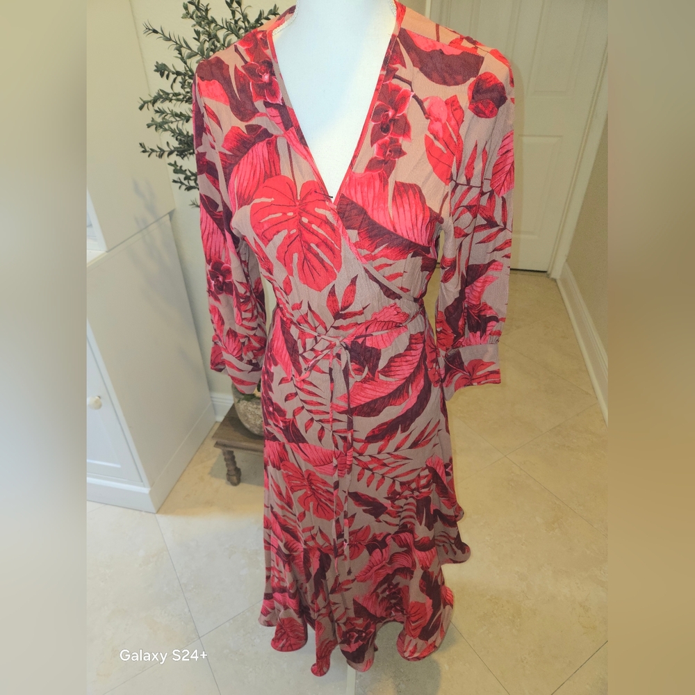 H&M Red, Brown, and Pink Long Sleeve Wrap Dress With Leaf Print